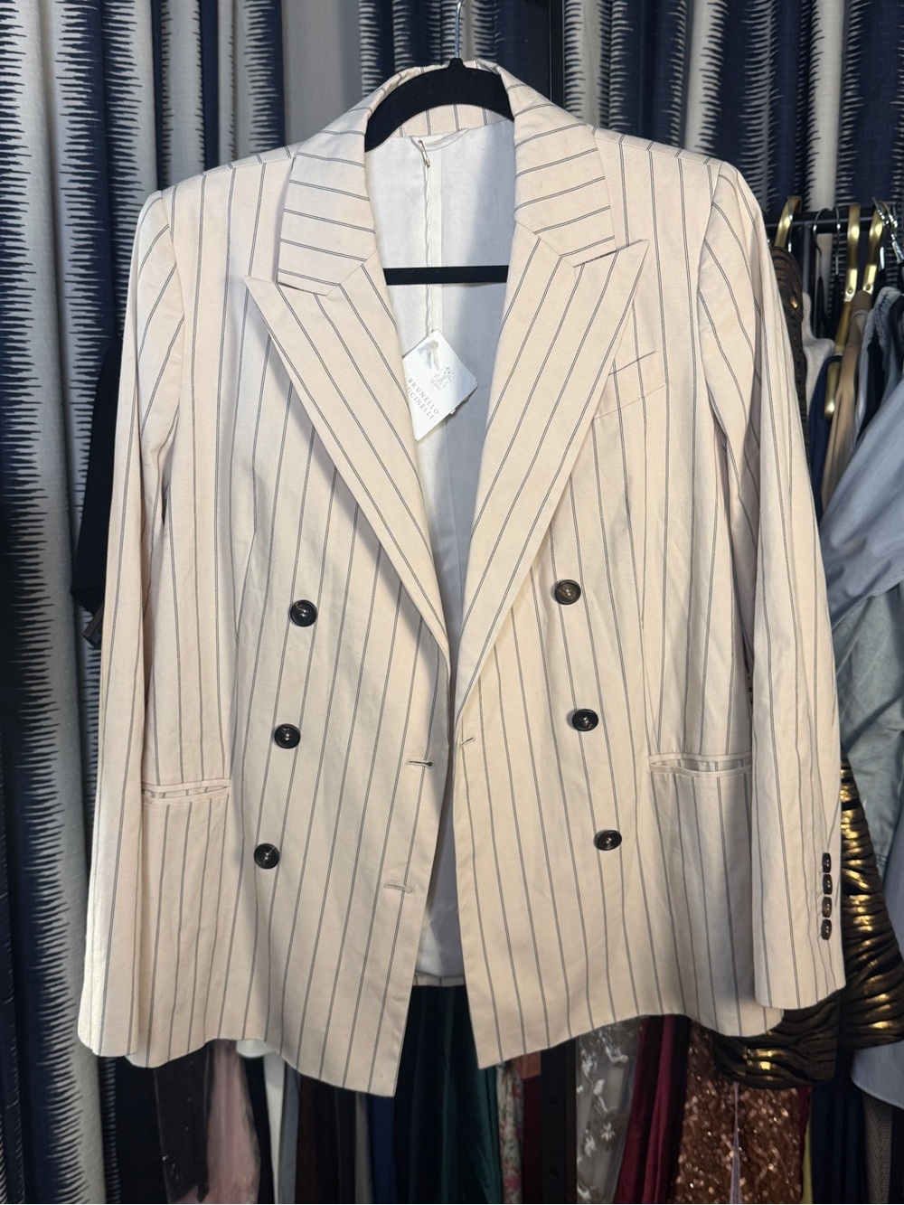 Brunello Cucinelli Cream Blazer with Navy Pinstripes